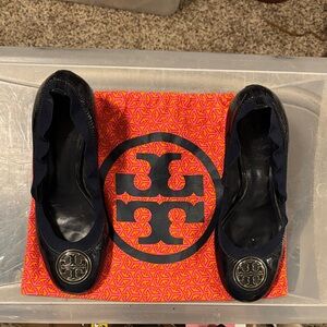 Tory Burch Navy Blue Heels with Gold Emblem